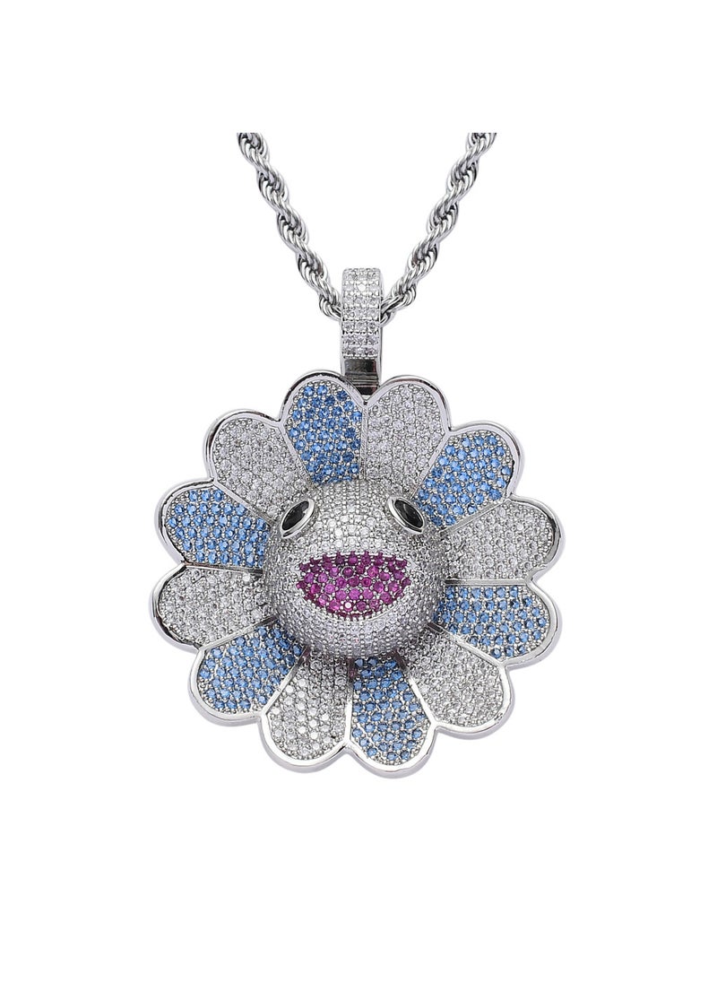 Generic Hip Hop Sunflower Pendant Necklace with Cubic Zirconia Blue and white flower Platinum + stainless steel twist chain 