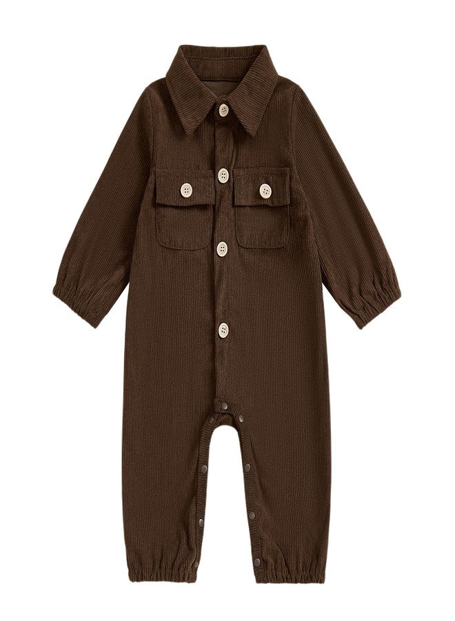 Karuedoo Newborn Baby Boy Girl Clothes Corduroy Long Sleeve Button Up Romper Jumpsuit Collared Bodysuit Fall Winter Outfit (Coffee, 0-3 Months) - Image 1