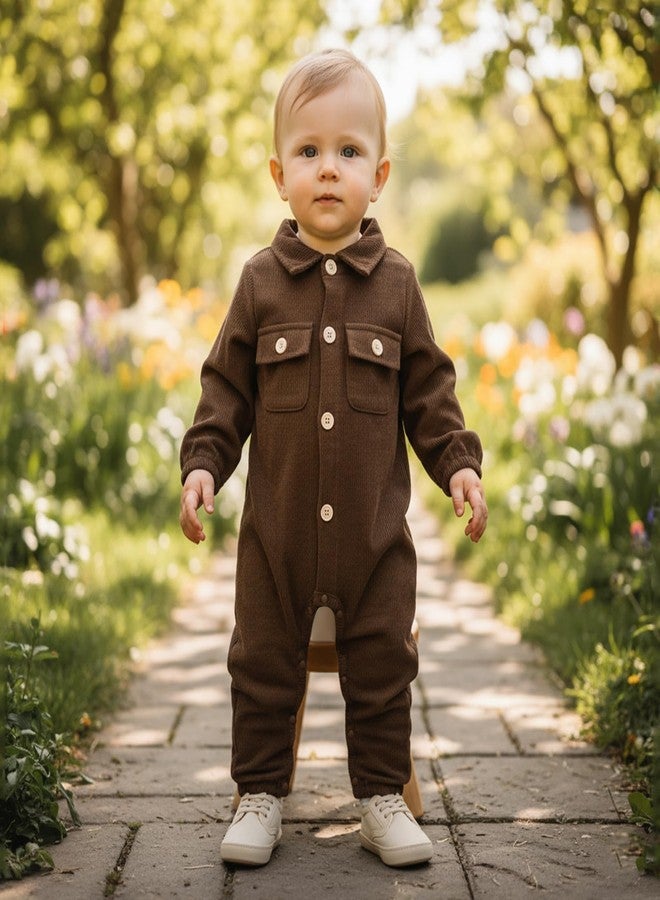 Karuedoo Newborn Baby Boy Girl Clothes Corduroy Long Sleeve Button Up Romper Jumpsuit Collared Bodysuit Fall Winter Outfit (Coffee, 0-3 Months) - Image 2