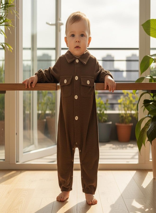 Karuedoo Newborn Baby Boy Girl Clothes Corduroy Long Sleeve Button Up Romper Jumpsuit Collared Bodysuit Fall Winter Outfit (Coffee, 0-3 Months) - Image 3