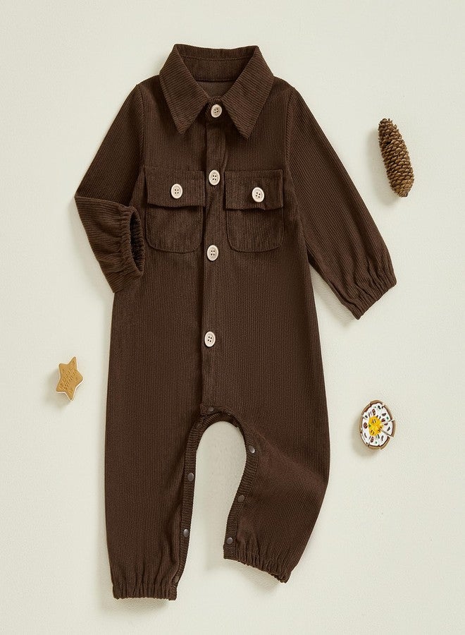 Karuedoo Newborn Baby Boy Girl Clothes Corduroy Long Sleeve Button Up Romper Jumpsuit Collared Bodysuit Fall Winter Outfit (Coffee, 0-3 Months) - Image 5