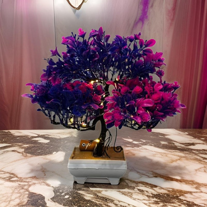 Generic Artificial Bonsai Tree LED Plant 24 cm with Plastic Pot for Living Room Home Decor Desk Top Mini Planter Festival Gift Purple  - Image 1