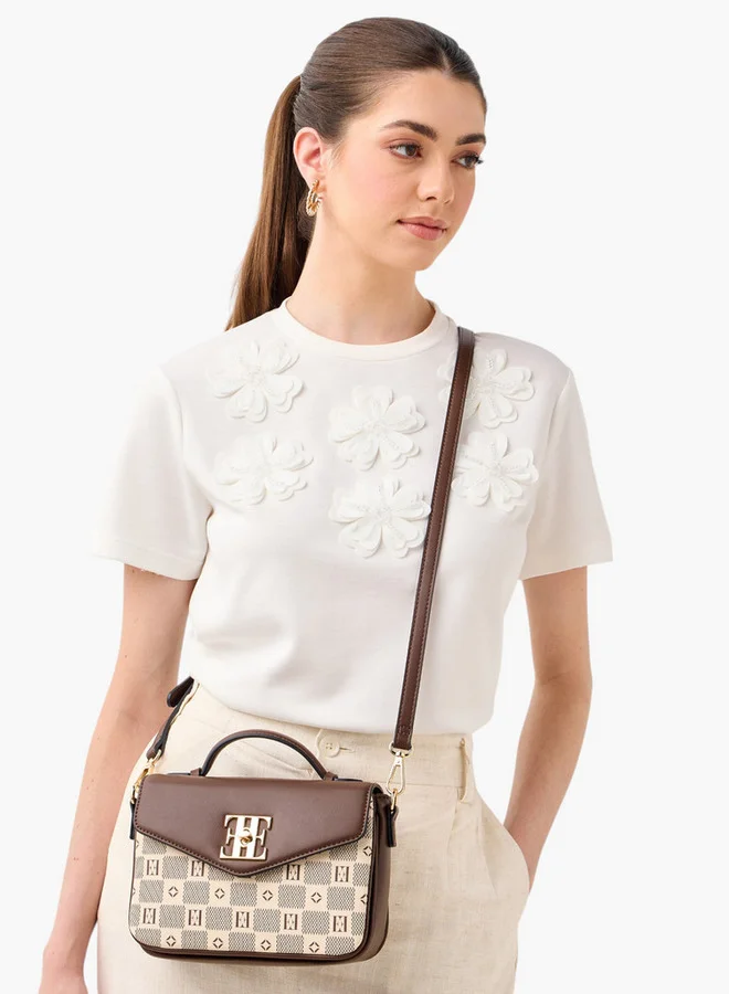 ELLE Monogram Print Crossbody Bag with Flap Closure and Detachable Strap