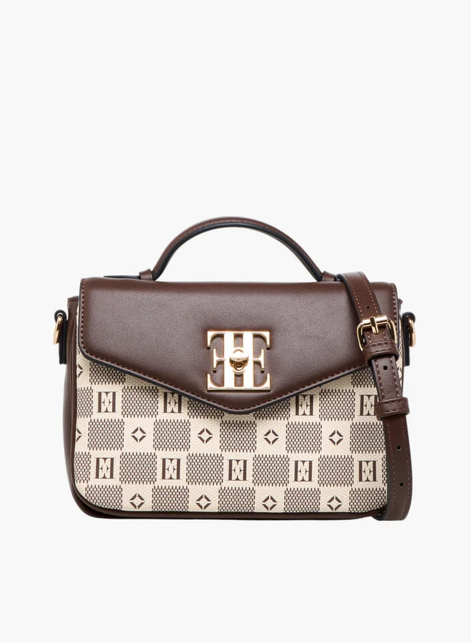 ELLE Monogram Print Crossbody Bag with Flap Closure and Detachable Strap
