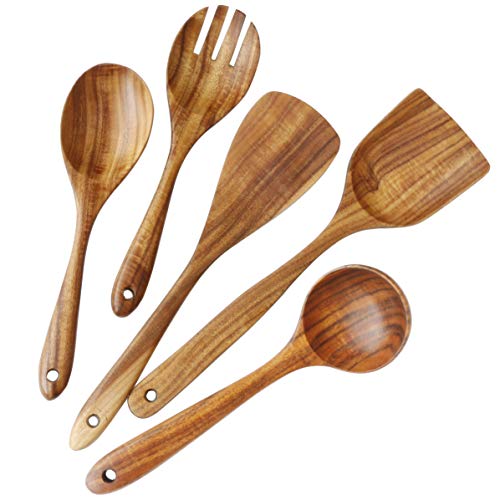 ADLORYEA Handmade By Natural Teak Wood Spoons Cooking Utensils Set For Nonstick Cookware, 34.8 Cm - Image 1