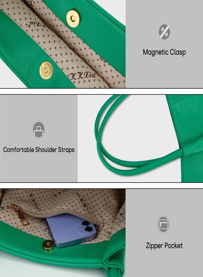 KKXIU Tote Bag for Women Vegan Leather Shoulder Purse Large Capacity Travel Bag (Green) - Image 5