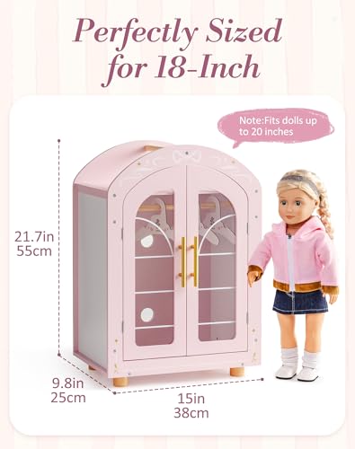 ROBUD Wooden Baby Doll Closet Doll Wardrobe Closet for 18 Inch Dolls with Mirror 3 Hangers Pink Ballet Style Baby Doll Furniture Doll Pack and Play Gift for Boys Girls 3 Years - Image 5