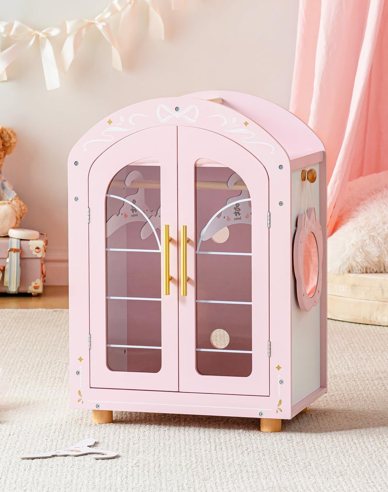 ROBUD Wooden Baby Doll Closet Doll Wardrobe Closet for 18 Inch Dolls with Mirror 3 Hangers Pink Ballet Style Baby Doll Furniture Doll Pack and Play Gift for Boys Girls 3 Years - Image 3