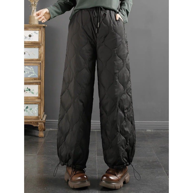 2023 Winter Artistic Elastic Waist Quilted Trousers for Women Warm Windproof Khaki  - Image 4