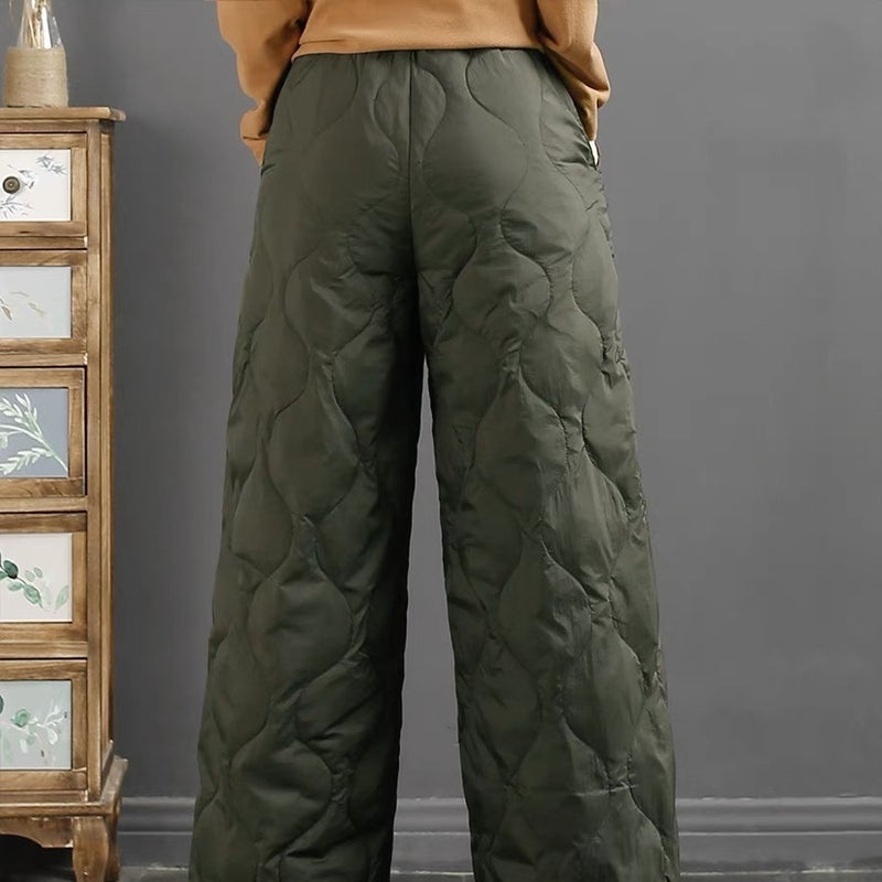 2023 Winter Artistic Elastic Waist Quilted Trousers for Women Warm Windproof Khaki  - Image 5