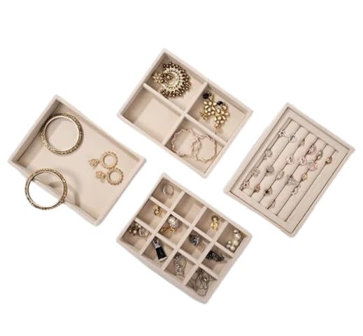 La Trove Set of 4 Stackable Jewelry Organizer Trays for Drawer Storage | Velvet Jewellery Display Holder for Rings, Earrings, Necklaces, Jhumkas & Bangles | Cream - Image 1
