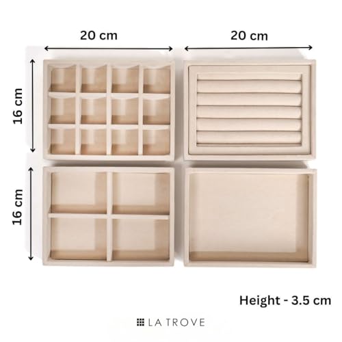 La Trove Set of 4 Stackable Jewelry Organizer Trays for Drawer Storage | Velvet Jewellery Display Holder for Rings, Earrings, Necklaces, Jhumkas & Bangles | Cream - Image 3