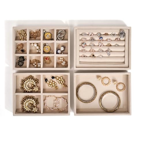 La Trove Set of 4 Stackable Jewelry Organizer Trays for Drawer Storage | Velvet Jewellery Display Holder for Rings, Earrings, Necklaces, Jhumkas & Bangles | Cream - Image 2