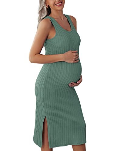 Ekouaer Women's Maternity Dress Rib Knit Sleeveless Baby Shower Dresses Casual Bodycon Pregnancy Clothes A Mint Green Small - Image 1