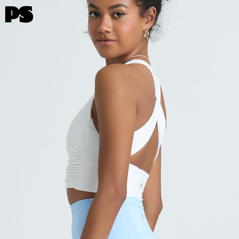POPSUGAR Long Line Sports Bra Women, Workout Crop Tops for Women Longline Criss Cross Gym Yoga Tops with Built in Bra for Running Pilates White Light, Large - Image 4