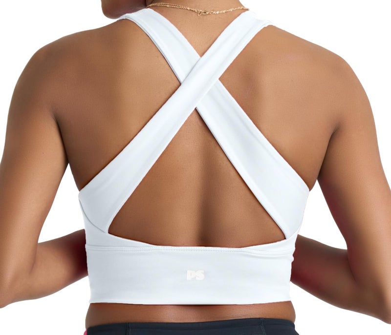 POPSUGAR Long Line Sports Bra Women, Workout Crop Tops for Women Longline Criss Cross Gym Yoga Tops with Built in Bra for Running Pilates White Light, Large - Image 1