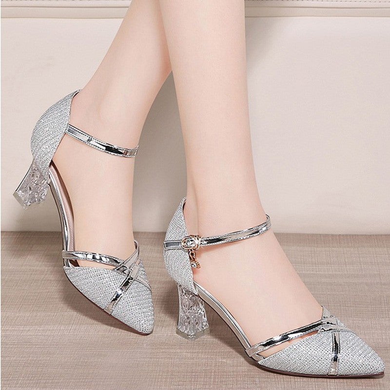 Fashion Pointed Toe Thick Heel Gold Versatile Medium Heel High Heel Toe Sandals Rhinestone One-Line Shoes - Image 4
