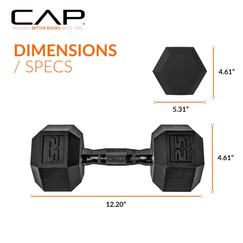CAP Barbell 25 LB Rubber Coated Hex Dumbbell Hand Weight - Pair | Black Handle - Image 3