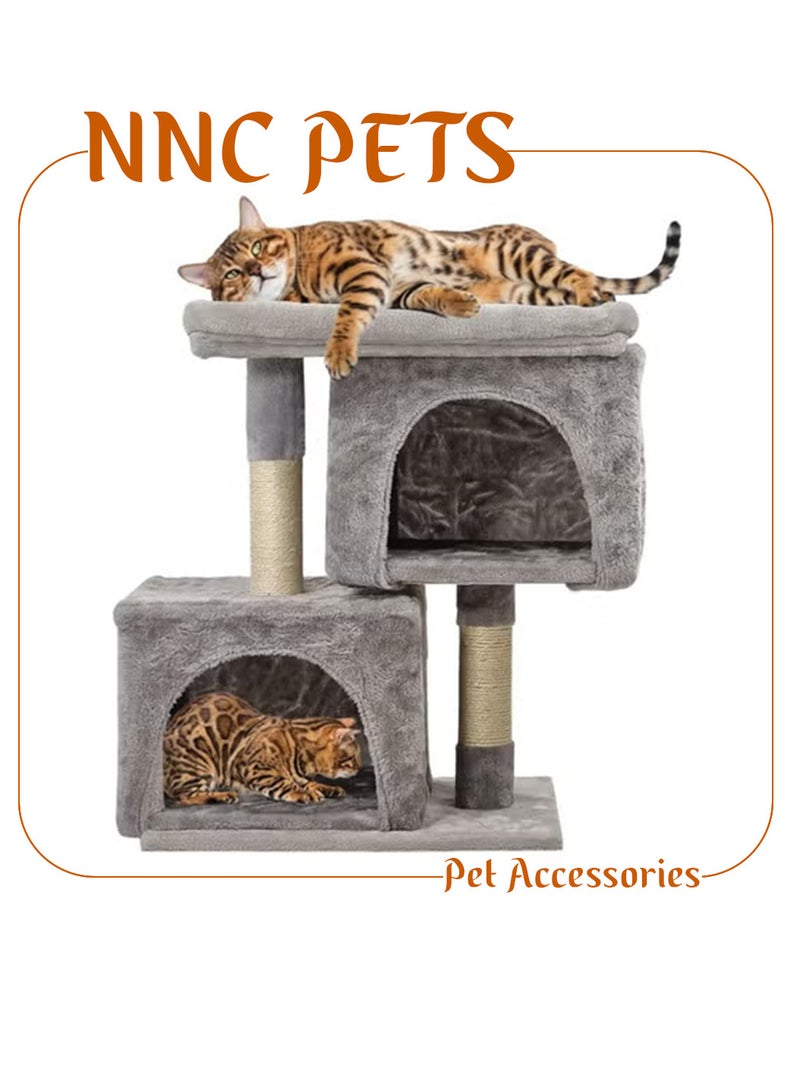 NNC PETS Cat Tree Tower – 65 cm Grey Cat Tower with Double Private Cozy Condos, Open Large Bed Perch, and Scratching Post - Image 1