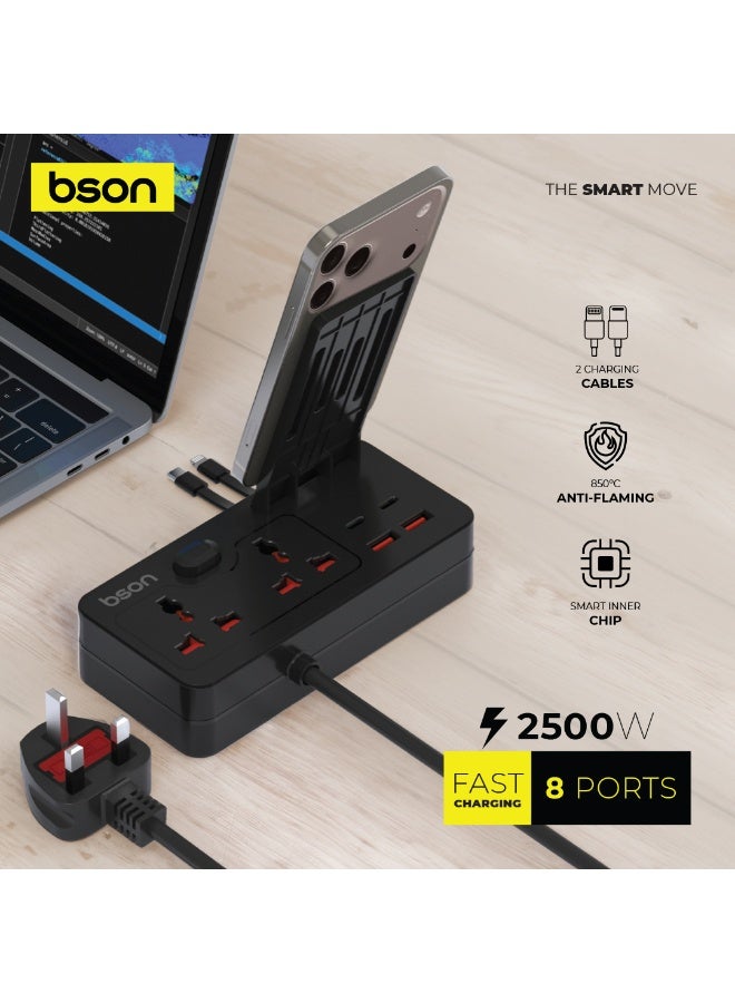 BSON 8 Port Multi Power Socket Extension, Built-in USB Cables, Detachable Mobile Stand, Desk and Bedside Organizer, Smart USB Hub for Phones and Devices, Ideal for Home Office & Travel - Image 2