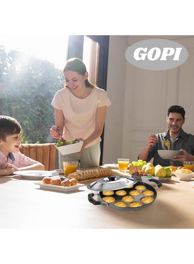 GOPI جوبى صينية ألومنيوم 12 تجويف أباّم باترا بانياراكال بمقبضين جانبيين مع غطاء فولاذي وعصا خشبية، (23 سم، أسود) - Image 3
