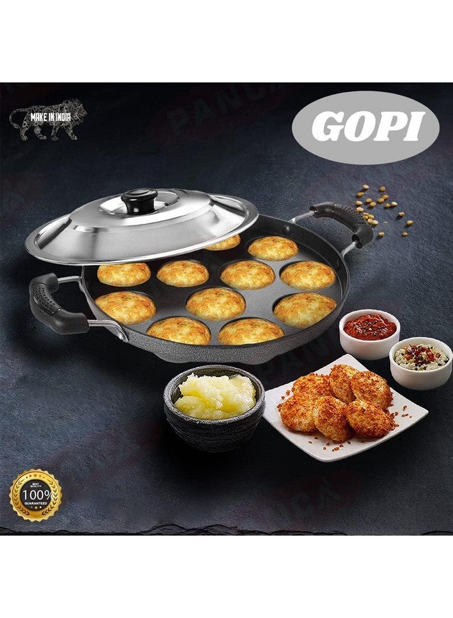 GOPI جوبى صينية ألومنيوم 12 تجويف أباّم باترا بانياراكال بمقبضين جانبيين مع غطاء فولاذي وعصا خشبية، (23 سم، أسود) - Image 2