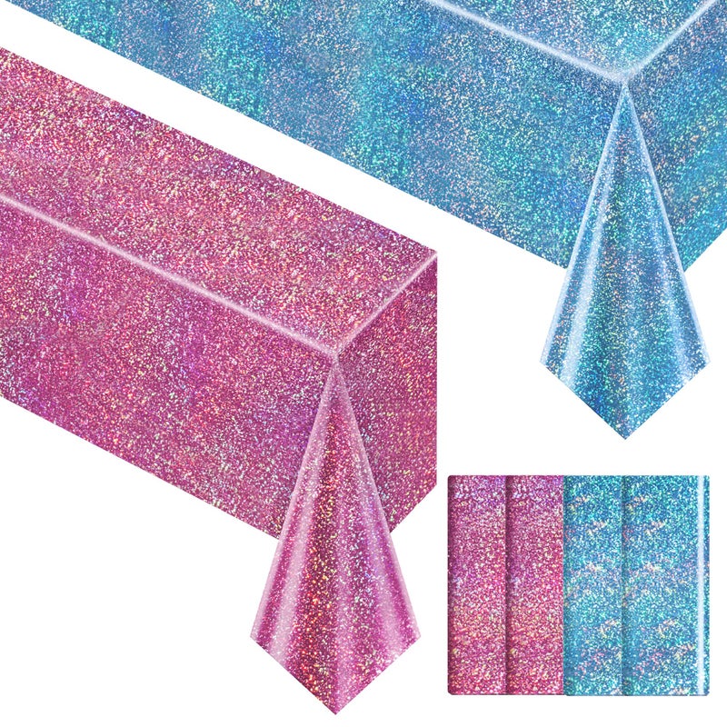 Just Shimmer 4 Pcs Pink&Blue Holographic Laser Tablecloths Iridescence Shiny Table Covers 40" x 108" Foil Rectangle Table cloths for Baby Shower Undersea Ocean Birthday Party Winner Wedding Party DÃ©cor - Image 1