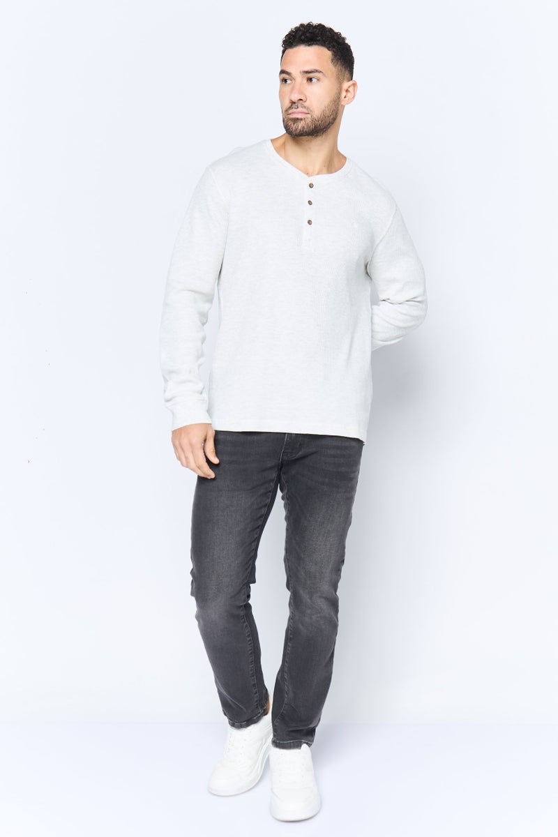 Chaps Men Henley Neck Embroidered Logo Long Sleeve Sweatshirt, Light Grey - Image 4