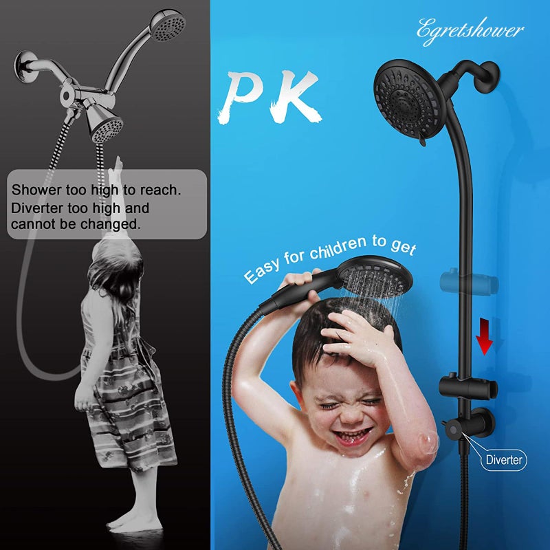 Egretshower Handheld Showerhead & Rain Shower Combo for Easy Reach, 27.5" Drill-free Stainless Steel Slide Bar, 5â€of 5-setting Handheld Shower and Showerhead, with 5ft Hose - Black - Image 4