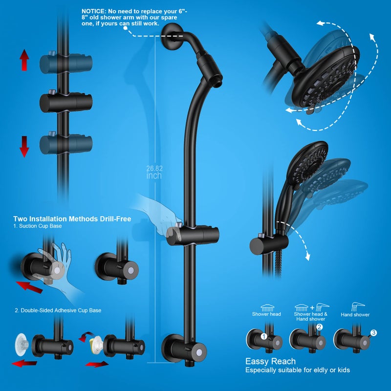 Egretshower Handheld Showerhead & Rain Shower Combo for Easy Reach, 27.5" Drill-free Stainless Steel Slide Bar, 5â€of 5-setting Handheld Shower and Showerhead, with 5ft Hose - Black - Image 5