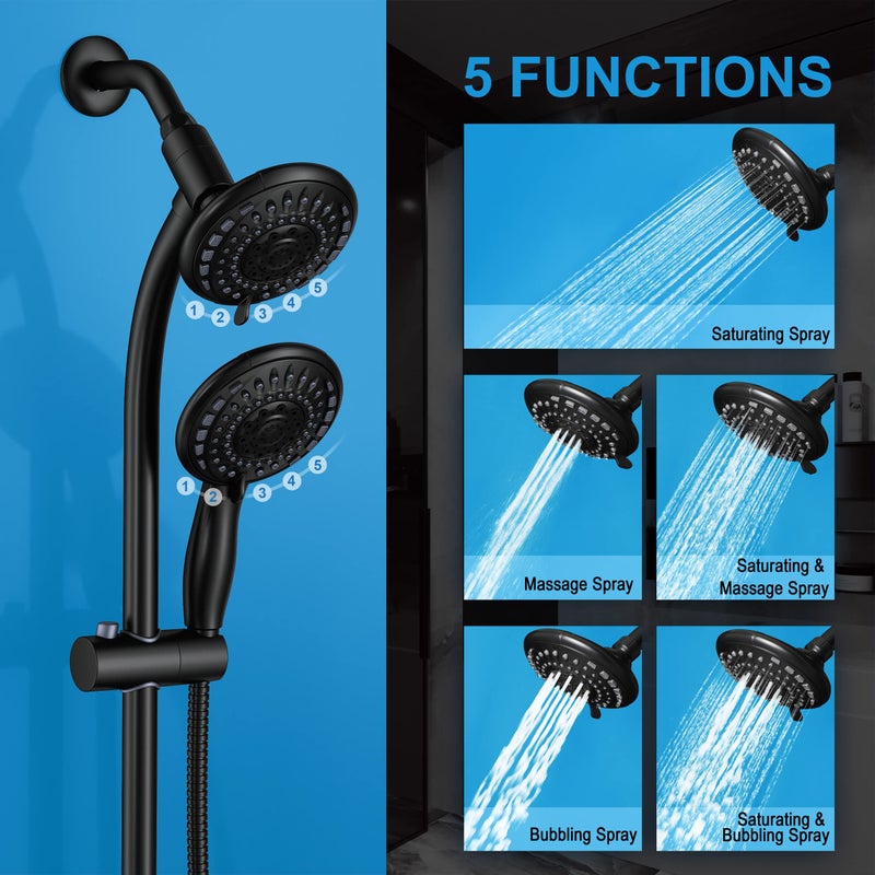 Egretshower Handheld Showerhead & Rain Shower Combo for Easy Reach, 27.5" Drill-free Stainless Steel Slide Bar, 5â€of 5-setting Handheld Shower and Showerhead, with 5ft Hose - Black - Image 2