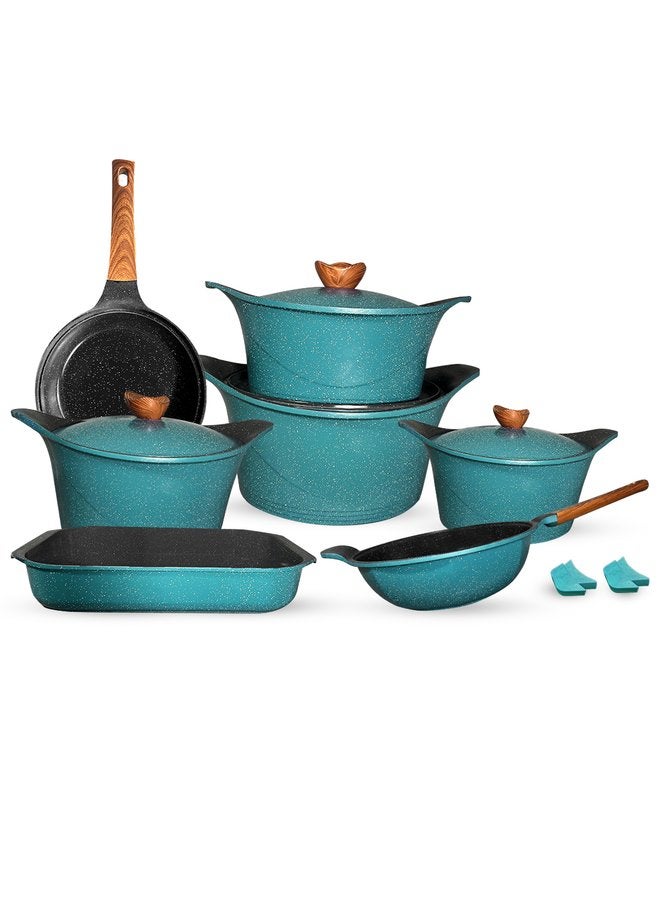 جلوري طقم حلل جرانيت غير لاصق بريميوم 15ق حلة( 18 + 20 + 24 + 28) + قارب 40 +  مقلايه 24+ ووك 28 + 4 ماسك لون اخضر - Image 1