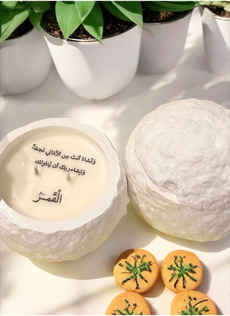 ANUM BY MUNA Moon Candle: A scented candle in the shape of the moon in white with a beautiful phrase written on it: “You wish for a star, and your Lord wishes to give you the moon (scent: peach)” 250 grams  - Image 3