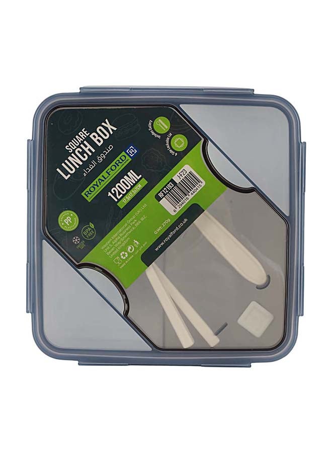 Royalford 1200ml Square Lunch Box with Cutlery - RF12193 | Transparent lid, spoon, chopsticks, and 3 compartments. Plastic, leak-proof, high heat-retaining, freezer-safe, non-toxic. Grey/White 270grams - Image 2