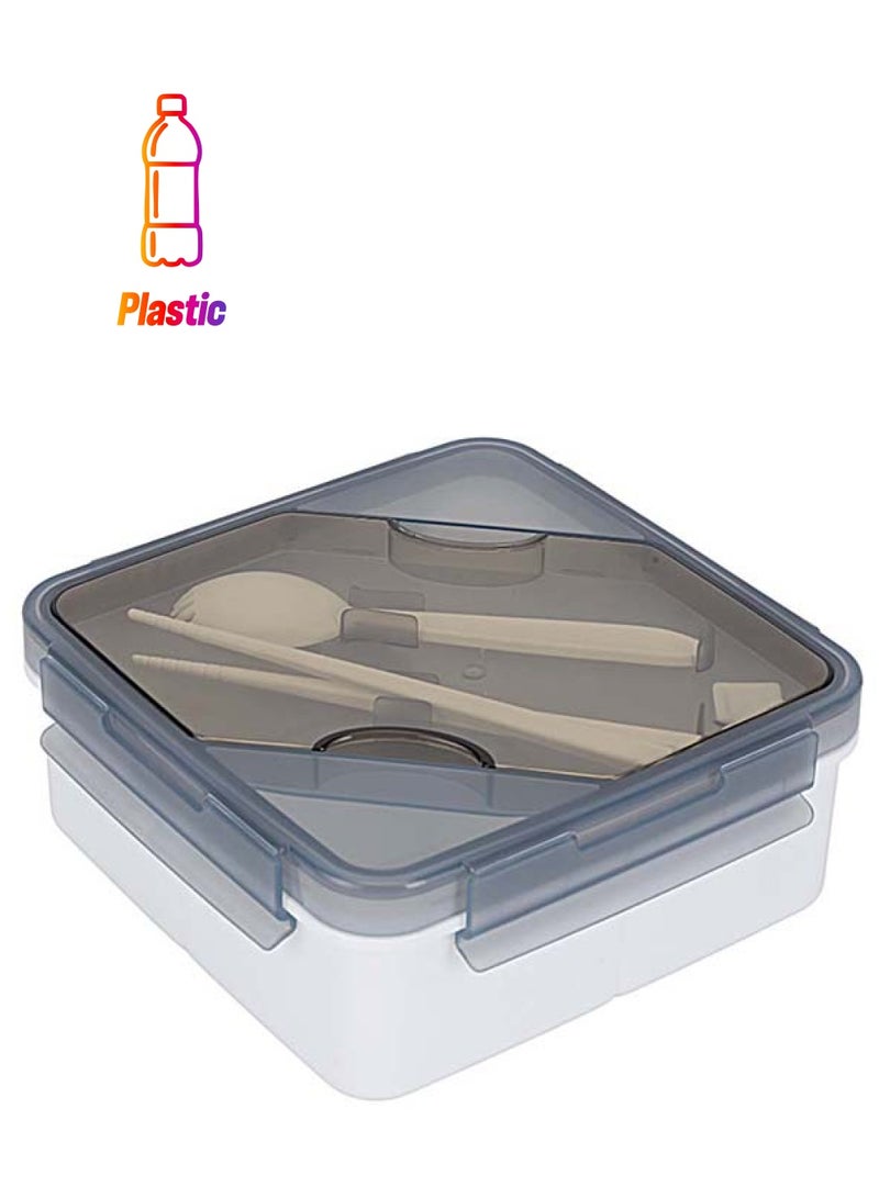Royalford 1200ml Square Lunch Box with Cutlery - RF12193 | Transparent lid, spoon, chopsticks, and 3 compartments. Plastic, leak-proof, high heat-retaining, freezer-safe, non-toxic. Grey/White 270grams - Image 1