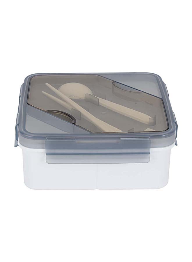 Royalford 1200ml Square Lunch Box with Cutlery - RF12193 | Transparent lid, spoon, chopsticks, and 3 compartments. Plastic, leak-proof, high heat-retaining, freezer-safe, non-toxic. Grey/White 270grams - Image 3