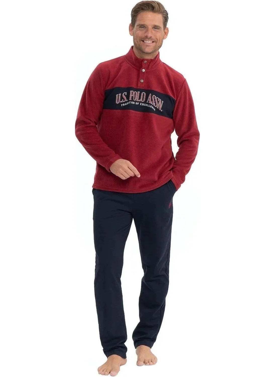 يو اس بولو اسن U.s Polo Assn. 18826 Men's Fleece Long Sleeve Stand Collar Casual Home Wear-Burgundy