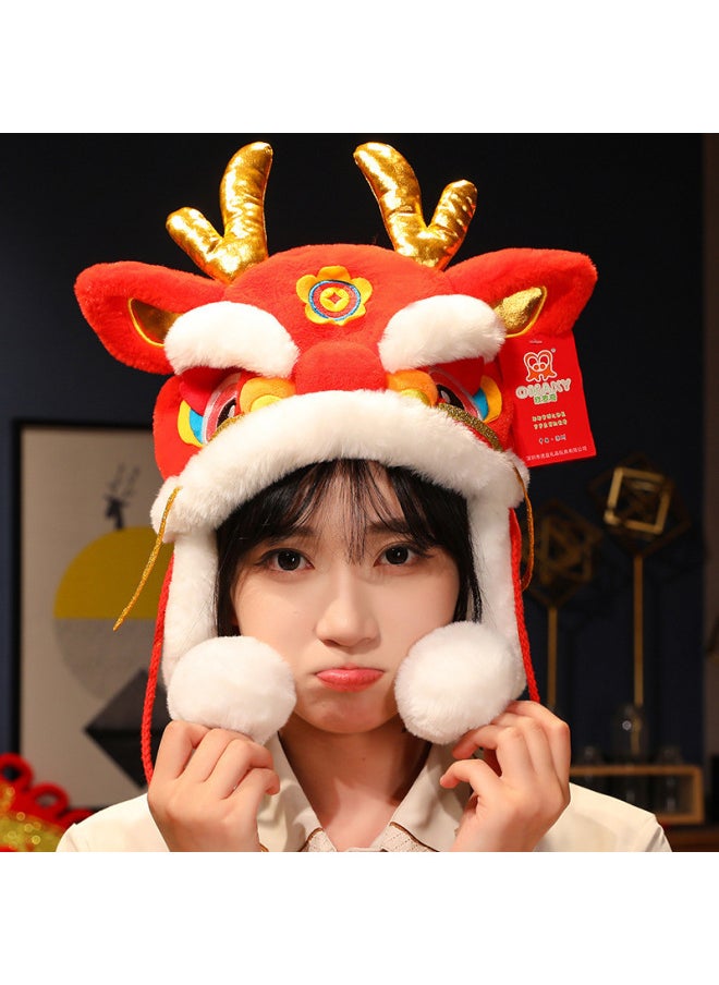 Lucky Dragon Hat Plush Toy Snake Year Embroidery Animal Zodiac Crossbody Red Envelope Doll Opening Red Gift Wholesale-Specifications:Dragon Chen Ear Protection Hat Red 30*32  - Image 3