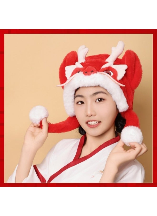 Lucky Dragon Hat Plush Toy Snake Year Embroidery Animal Zodiac Crossbody Red Envelope Doll Opening Red Gift Wholesale-Specifications:Dragon Chen Ear Protection Hat Red 30*32  - Image 1
