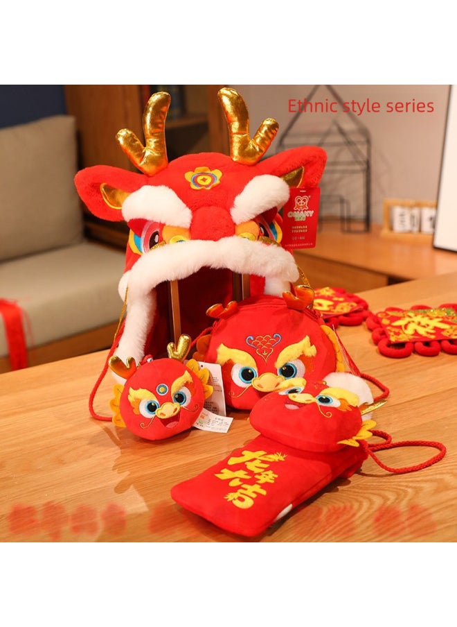 Lucky Dragon Hat Plush Toy Snake Year Embroidery Animal Zodiac Crossbody Red Envelope Doll Opening Red Gift Wholesale-Specifications:Dragon Chen Ear Protection Hat Red 30*32  - Image 2