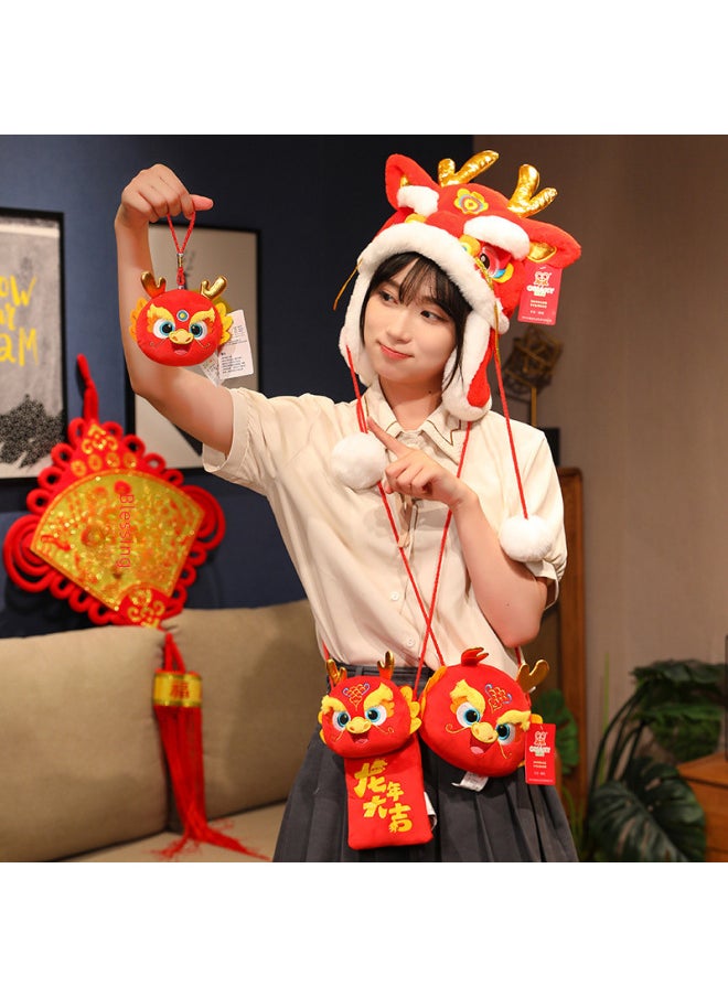 Lucky Dragon Hat Plush Toy Snake Year Embroidery Animal Zodiac Crossbody Red Envelope Doll Opening Red Gift Wholesale-Specifications:Dragon Chen Ear Protection Hat Red 30*32  - Image 4