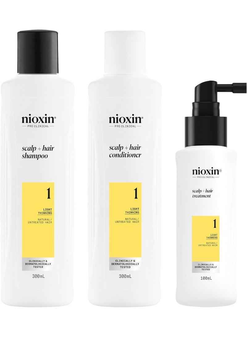 Nioxin System 1, For Thicker, Fuller Hair, Hair thickening treatment For Natural Hair with Light Thinning, Loyalty Kit large size, Hydrating Shampoo, Scalp Conditioner, Hairthickening serum - Image 1