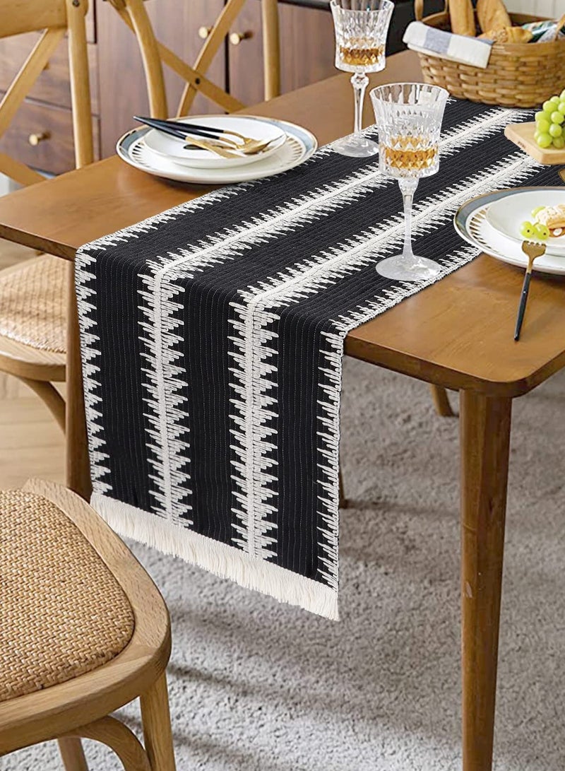 كاست ويف مفرش طاولة من الخيش مقاس 30×180 سم، باللونين الأسود والأبيض، مناسب للديكور الريفي الحديث، مفرش منسوج من القطن الطبيعي مع شرابات لحفلات الزفاف، ديكور طاولة طعام ريفي - Image 2