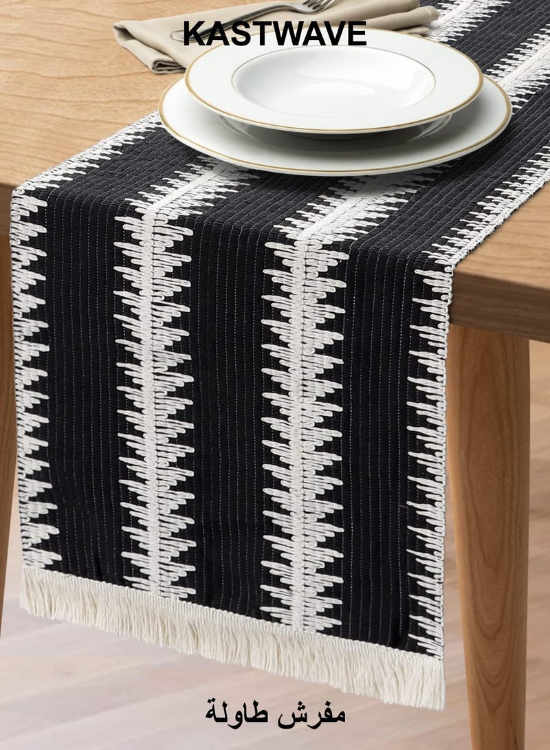 كاست ويف مفرش طاولة من الخيش مقاس 30×180 سم، باللونين الأسود والأبيض، مناسب للديكور الريفي الحديث، مفرش منسوج من القطن الطبيعي مع شرابات لحفلات الزفاف، ديكور طاولة طعام ريفي - Image 1