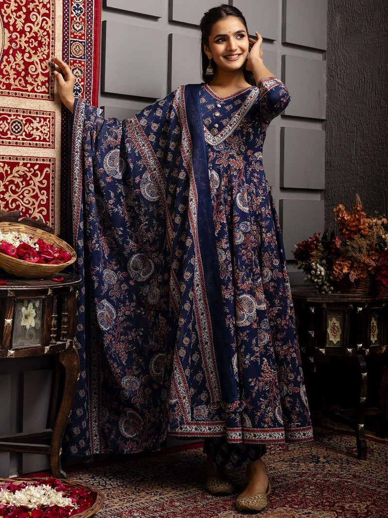 MEERA FAB Women Ethnic Motifs Printed Regular Pure Cotton Kurta with Palazzos & with Dupatta Dark Blue - Image 3