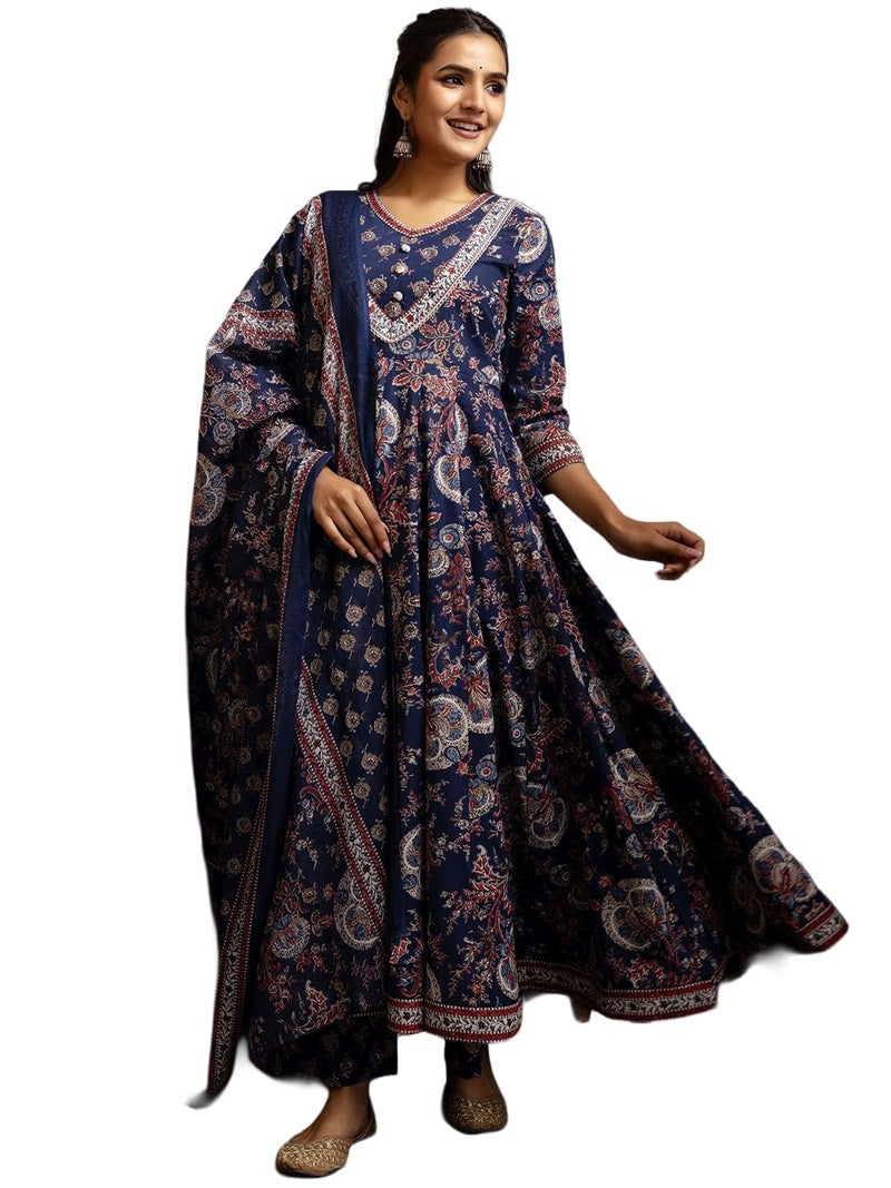 MEERA FAB Women Ethnic Motifs Printed Regular Pure Cotton Kurta with Palazzos & with Dupatta Dark Blue - Image 1