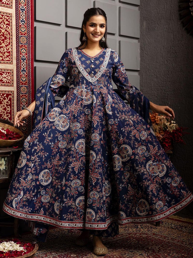 MEERA FAB Women Ethnic Motifs Printed Regular Pure Cotton Kurta with Palazzos & with Dupatta Dark Blue - Image 4
