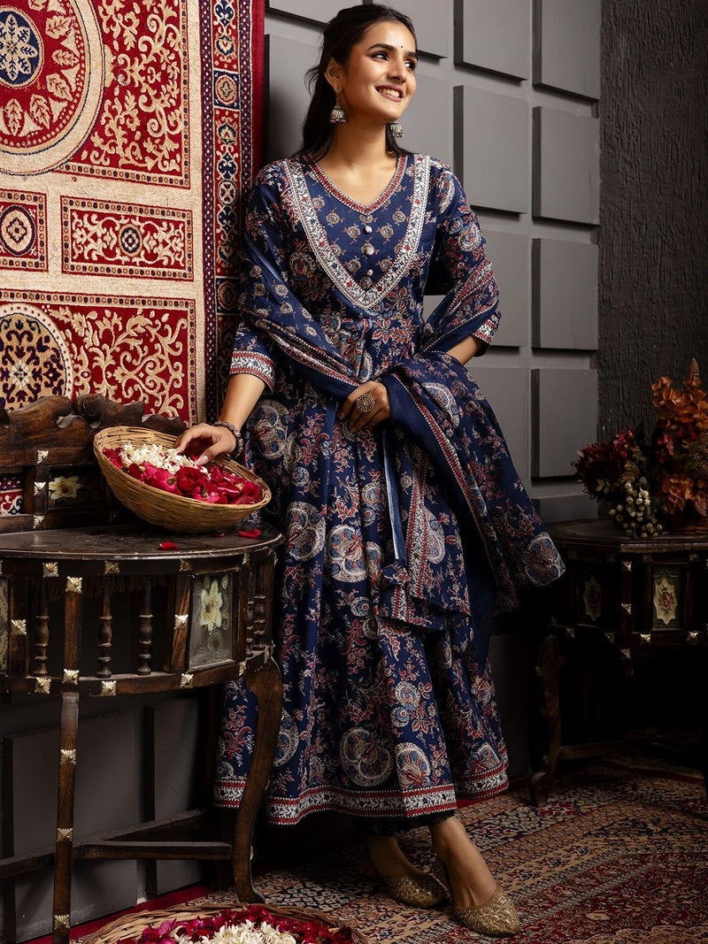 MEERA FAB Women Ethnic Motifs Printed Regular Pure Cotton Kurta with Palazzos & with Dupatta Dark Blue - Image 5