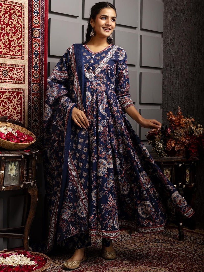 MEERA FAB Women Ethnic Motifs Printed Regular Pure Cotton Kurta with Palazzos & with Dupatta Dark Blue - Image 2