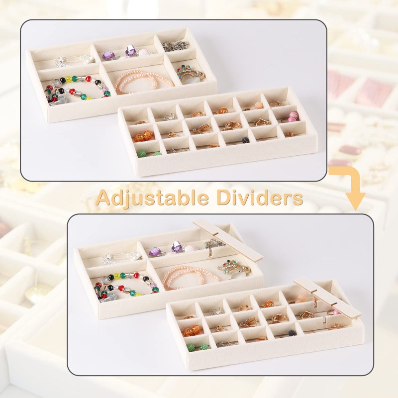 CDBOVID Set of 4 Stackable Jewelry Organizer Trays for Drawers,Jewelry Drawer Inserts Container Display Case Storage for Earring Necklace Rings Bracelet Watch with Removable Dividers-Beige - Image 3